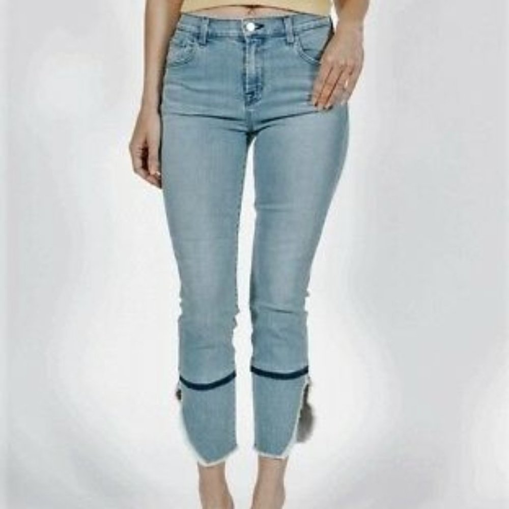 J BRAND Ruby High Rise Crop Cigarette in Patriot Raw Frayed Hem Jean Size 32